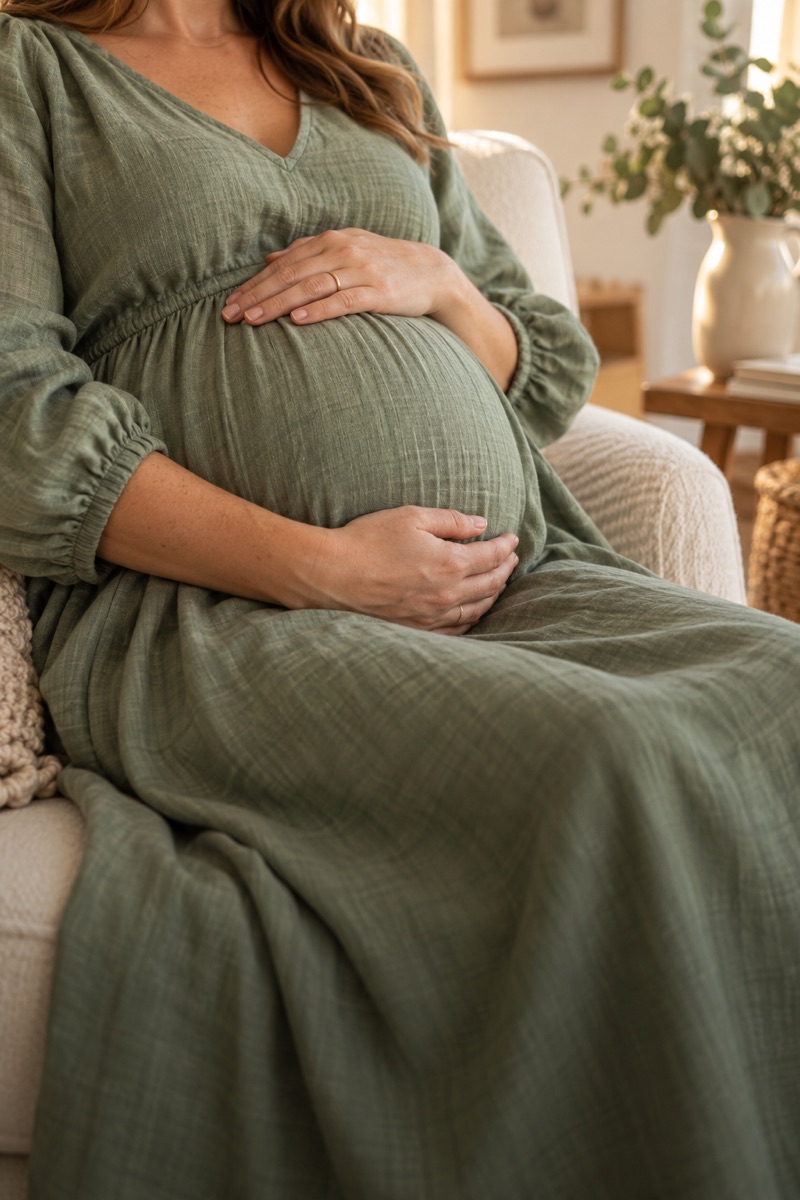 Illustrative scene of an expectant mother resting her hands on her belly